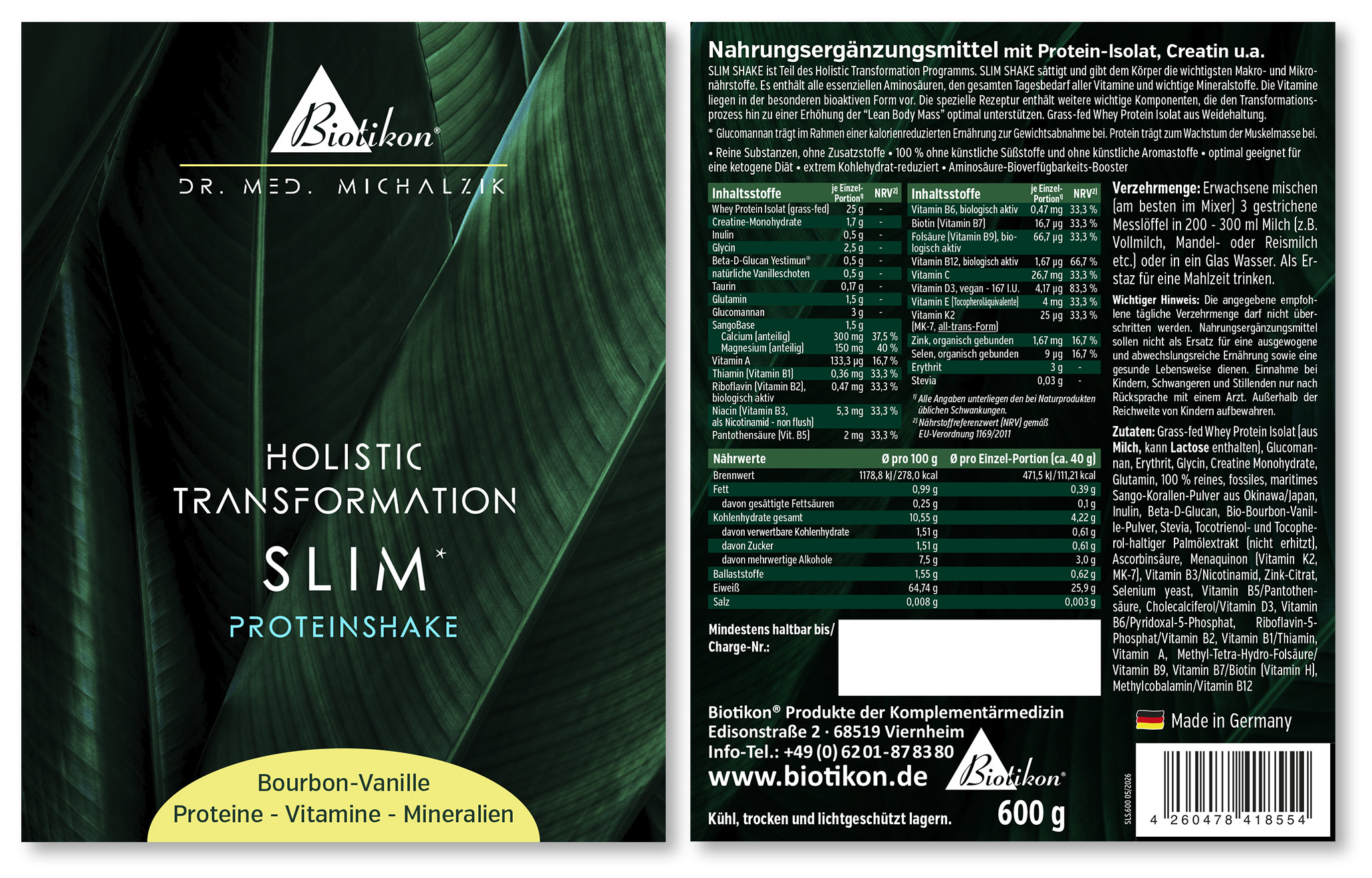 Slim Shake 600 g – Proteinpulver Bourbon-Vanille Slim Shake Proteinpulver in der Geschmacksrichtung Bourbon-Vanille, 600 g Verpackung, grüne Verpackung mit Nährwerttabelle.