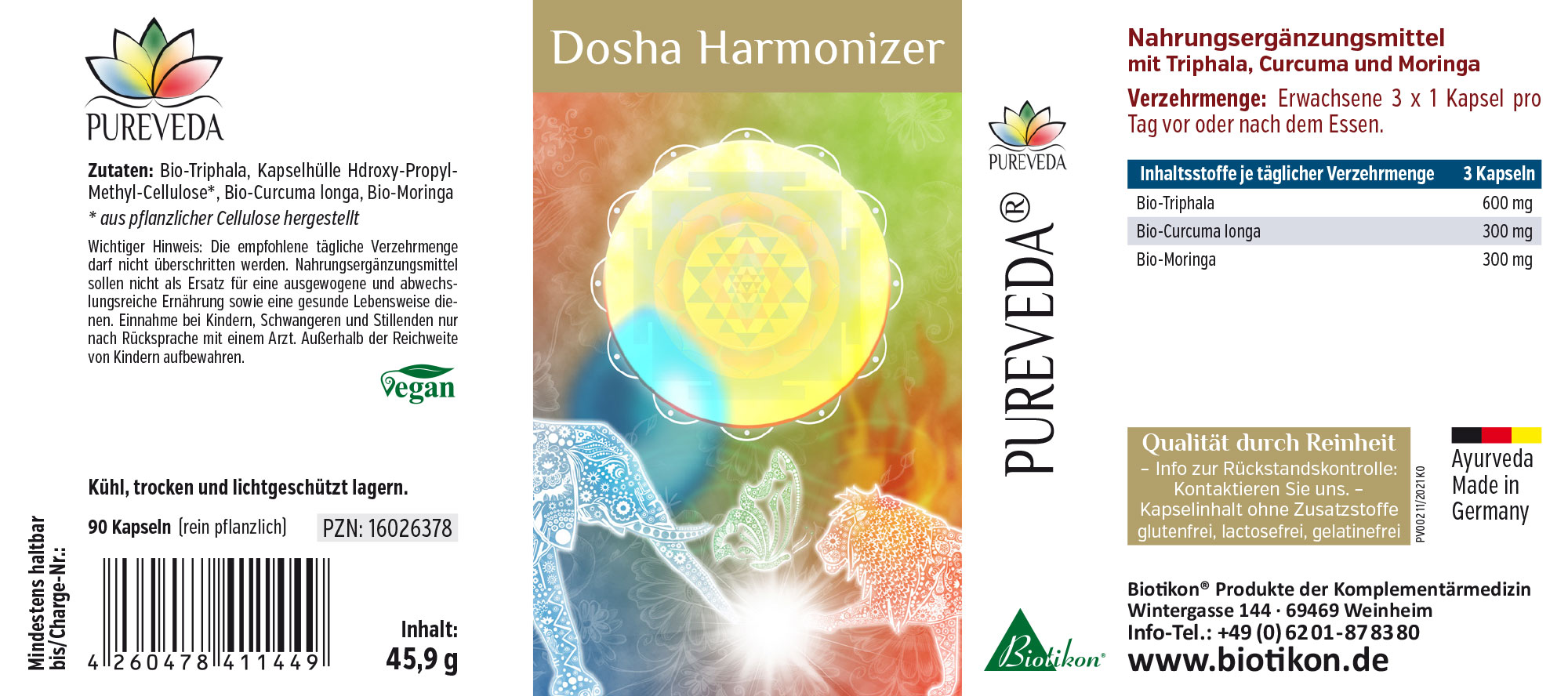 Dosha Harmonizer – 90 Kapseln Nahrungsergänzungsmittel mit Bio-Triphala, Curcuma und Moringa, 90 pflanzliche Kapseln in einer farbenfrohen Verpackung.