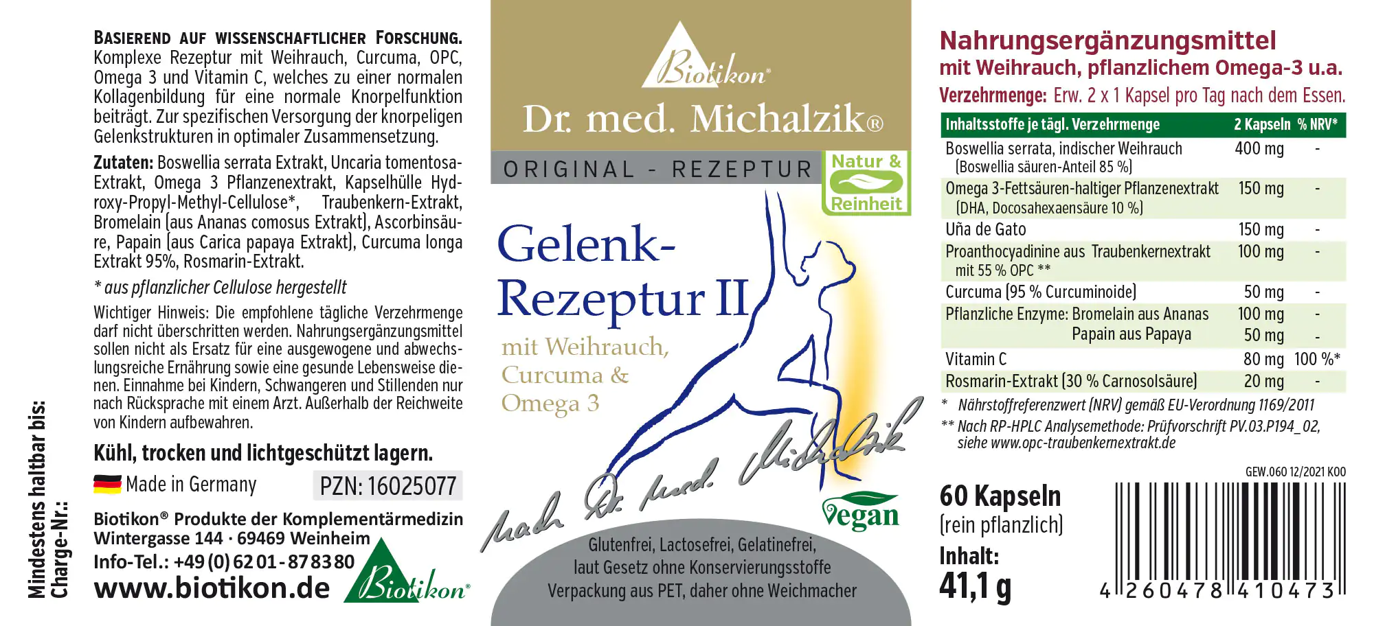 Gelenk-Rezeptur 2 Etikett deutsch Nahrungsergänzungsmittel in Kapseln, enthält Weihrauch, Curcuma und Omega 3, 60 Stück, grün-weiße Verpackung