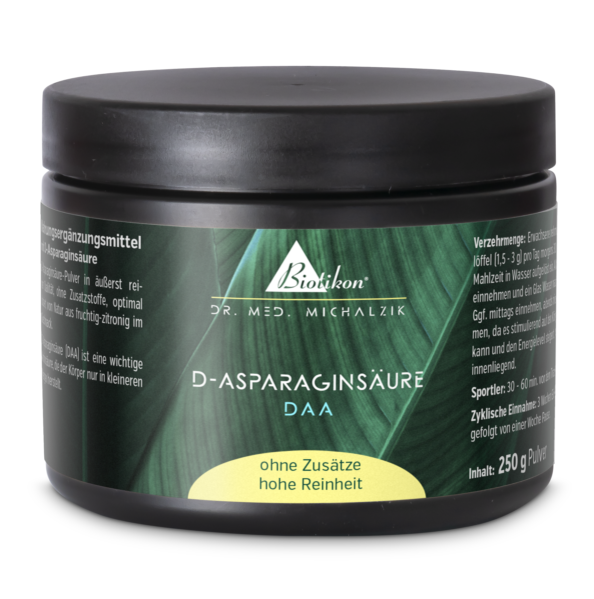 D-Aspartinsäure Pulver in schwarzer Dose, 250 g, seitliche Ansicht, hohe Reinheit, ohne Zusätze.