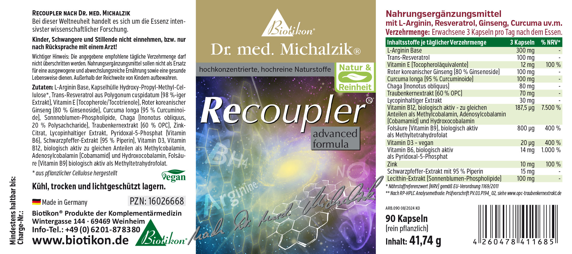 Recoupler 90 Kapseln – Nahrungsergänzungsmittel 90 transparente Kapseln in einer grünen Verpackung, mit Zutaten wie L-Arginin und Resveratrol.