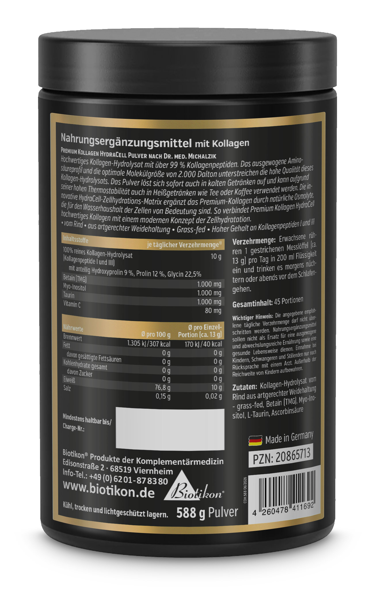 Premium Kollagen HydraCell Hydrolysat Pulver Dose Rückseite
