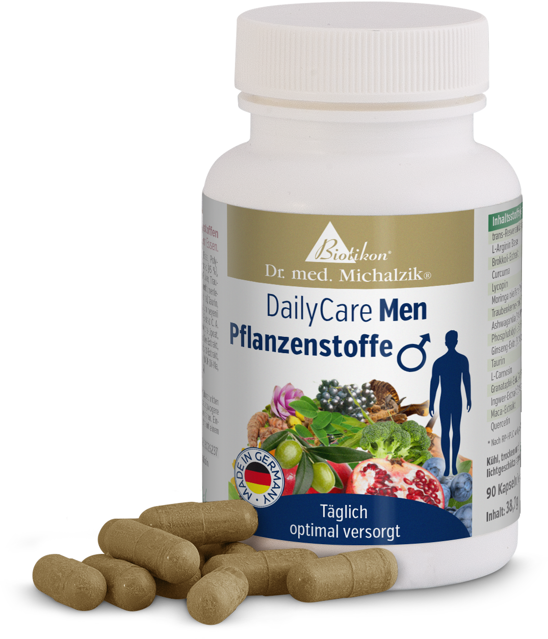 Pflanzenstoffe Kapseln – DailyCare Men Flasche mit 90 pflanzlichen Kapseln in beige, DailyCare Men für Männer, frontal abgebildet