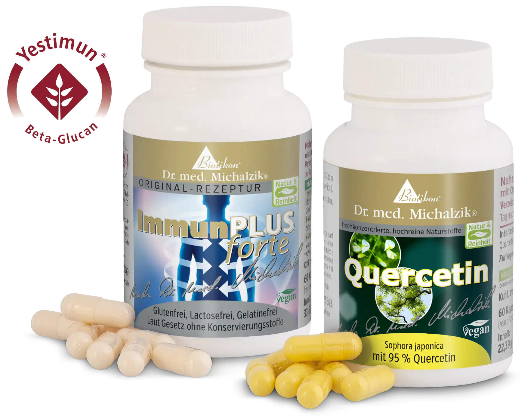 ImmunPLUS forte – Kapseln, Quercetin – 60 Kapseln Zwei Flaschen Nahrungsergänzungsmittel: ImmunPLUS forte und Quercetin, Kapseln in Gelb und Beige, mit je 60 Kapseln.