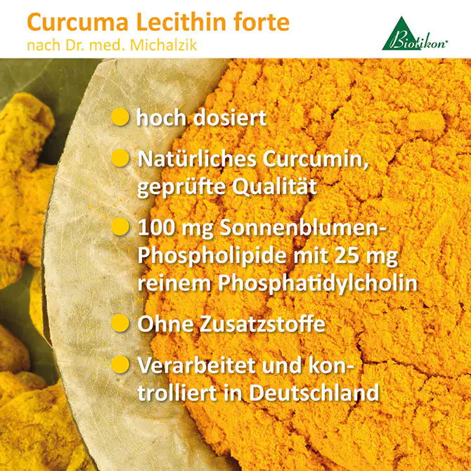 Curcuma Lecithin forte – 100 mg Kapseln Curcuma Lecithin forte, 100 mg Kapseln, gelbe Pulverform, hochwertige Zutaten, zur Unterstützung der Ernährung.