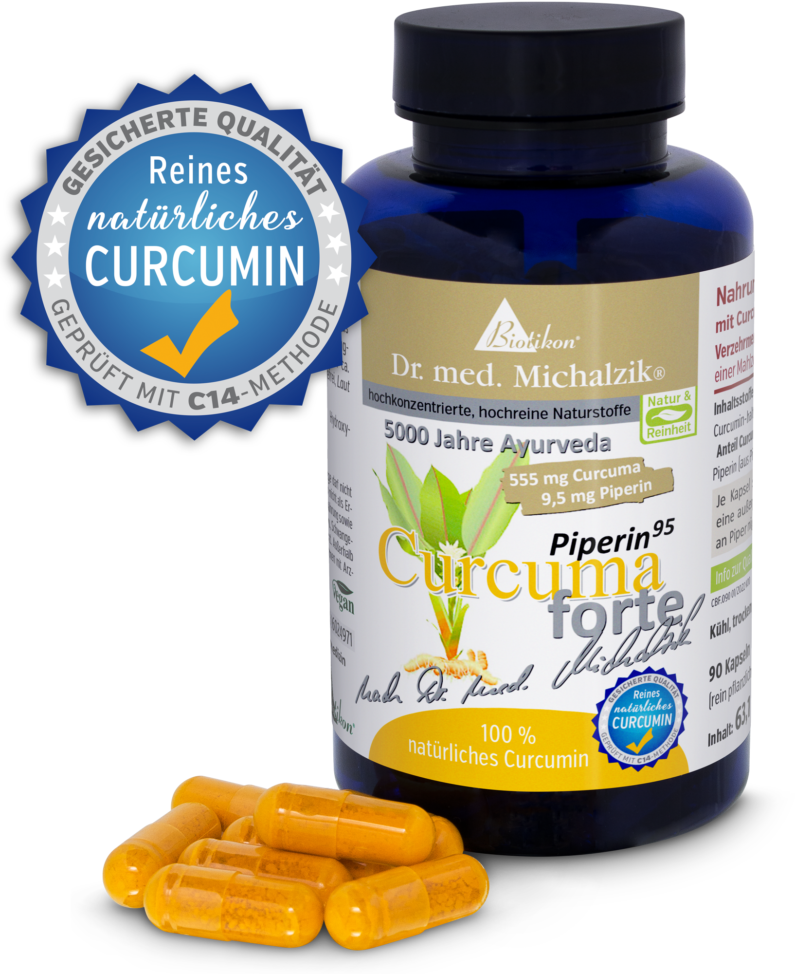 Curcuma forte 555 mg – Kapseln Flasche mit Curcuma Kapseln, 90 Stück, gelbe Kapseln, im Vordergrund stehen einige Kapseln.