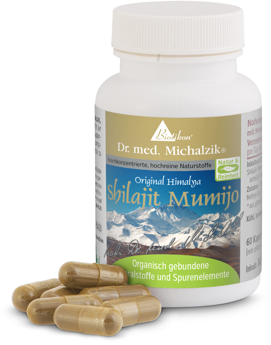 Shilajit Mumijo – 60 Kapseln Shilajit Mumijo in Kapseln, 60 Stück, weißer Behälter, braune Kapseln, Vorderansicht.