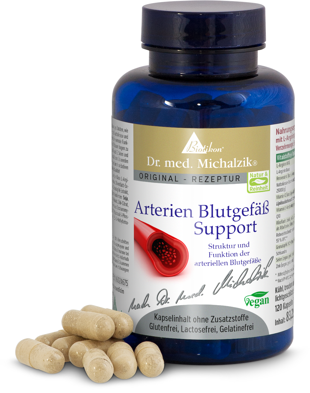 Arterien Blutgefäß Support – 120 Kapseln Transparente Kapseln in blauer Flasche, 120 Stück, Produktbeschreibung sichtbar.