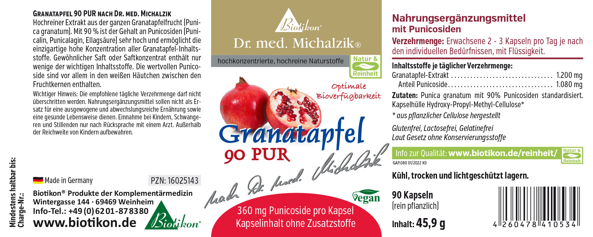 Granatapfel 90 PUR – 90 Kapseln Granatapfel Kapseln 90 Stück in Verpackung, rot und weiß, mit Kapselinhalt sichtbar, seitliche Ansicht.