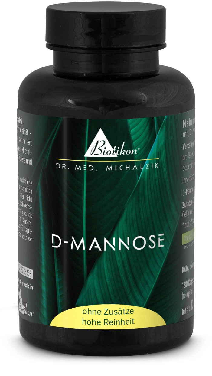 D-Mannose 180 Kapseln – ohne Zusätze D-Mannose Nahrungsergänzungsmittel in einer schwarzen Flasche, 180 Kapseln, mit grünem Blattdesign.