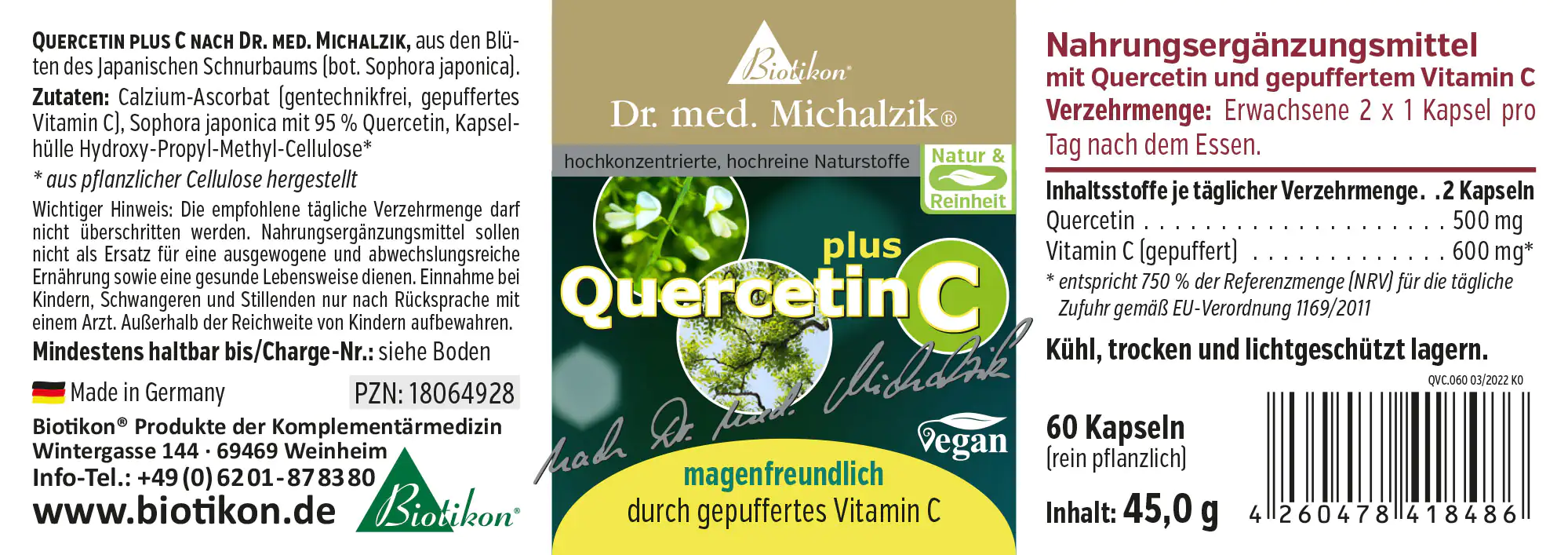 Quercetin C 500 mg – 60 Kapseln Quercetin plus C Nahrungsergänzungsmittel, 60 Kapseln in einer grünen Verpackung, vegan und magenfreundlich.