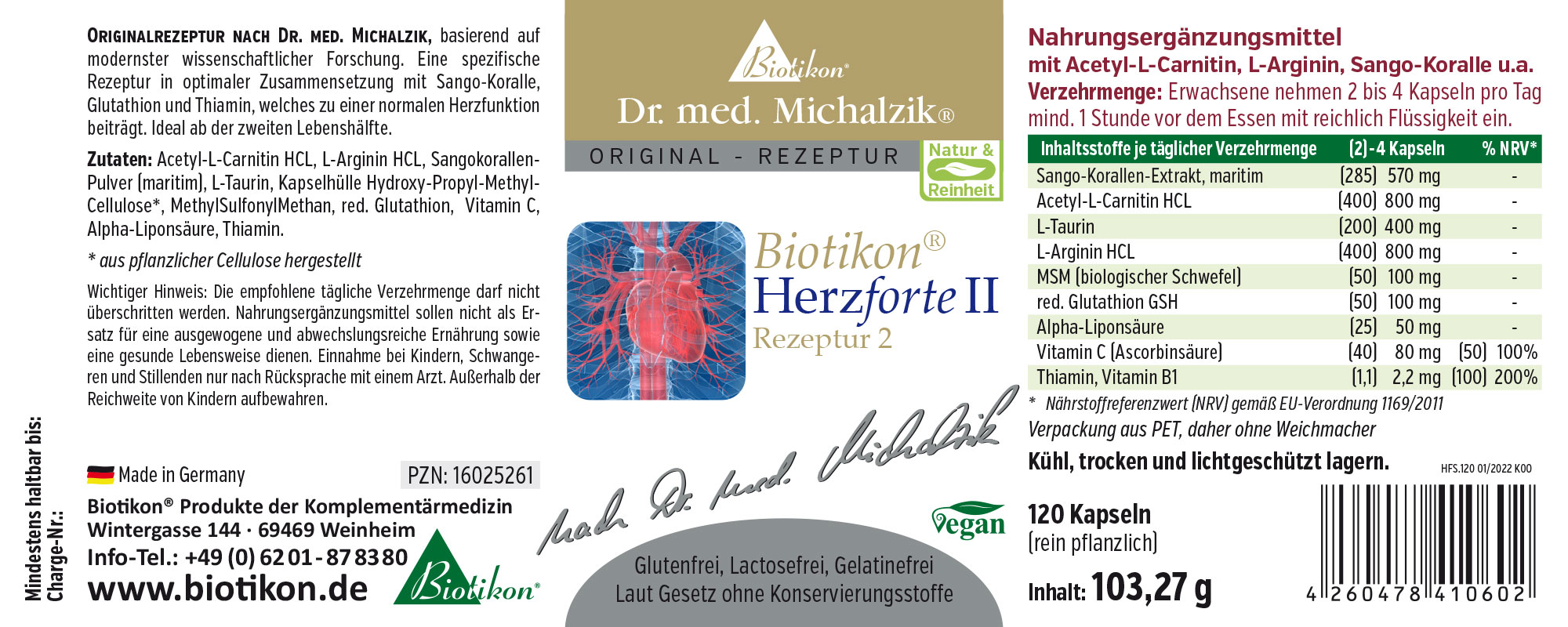 Herzforte II – 120 Kapseln Nahrungsergänzungsmittel Herzforte II in einer PET-Verpackung, 120 Kapseln, vegan, weißer Hintergrund.