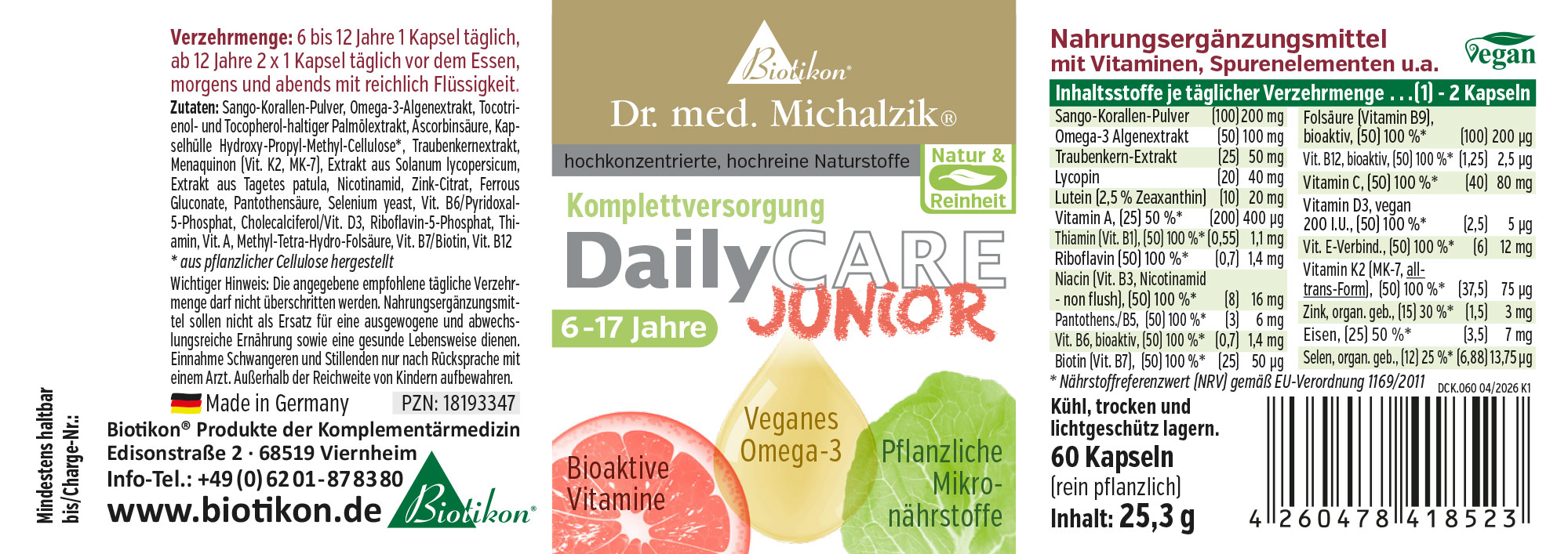 Nahrungsergänzungsmittel, Omega-3 Algenextrakt, 60 Kapseln, vegan, gelbe Verpackung