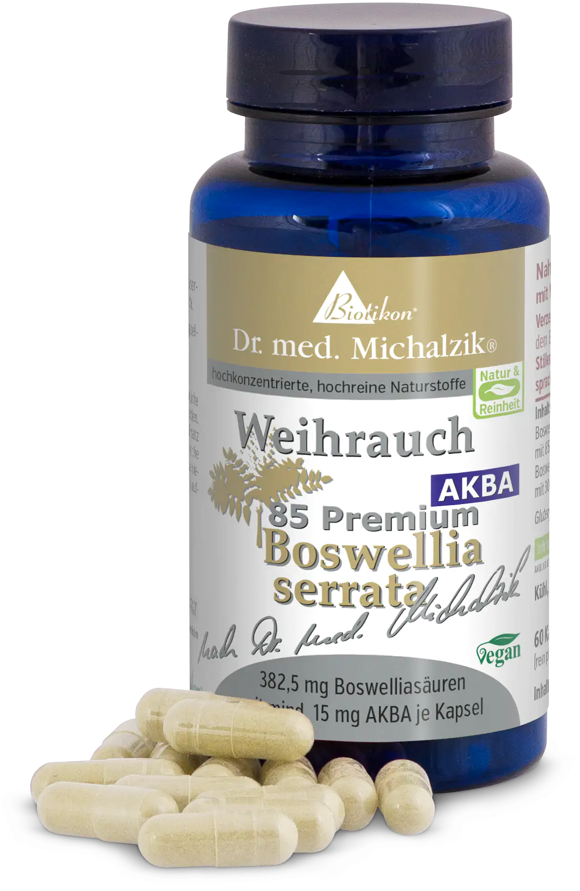 Weihrauch AKBA 85 – 60 Kapseln Blauer Kunststoffbehälter mit 60 Kapseln, jede Kapsel enthält 382,5 mg Boswelliasäuren.