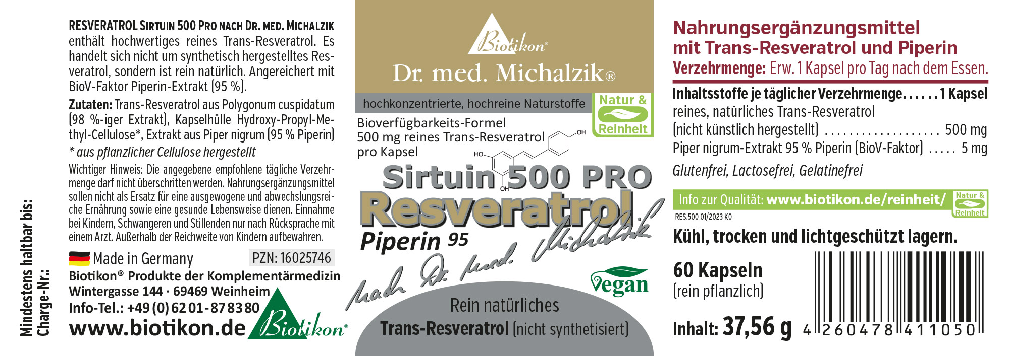 Resveratrol Sirtuin 500 mg – Kapseln Nahrungsergänzungsmittel in Form von Kapseln, 60 Stück, mit Trans-Resveratrol und Piperin, verpackt in einer stabilen Box.