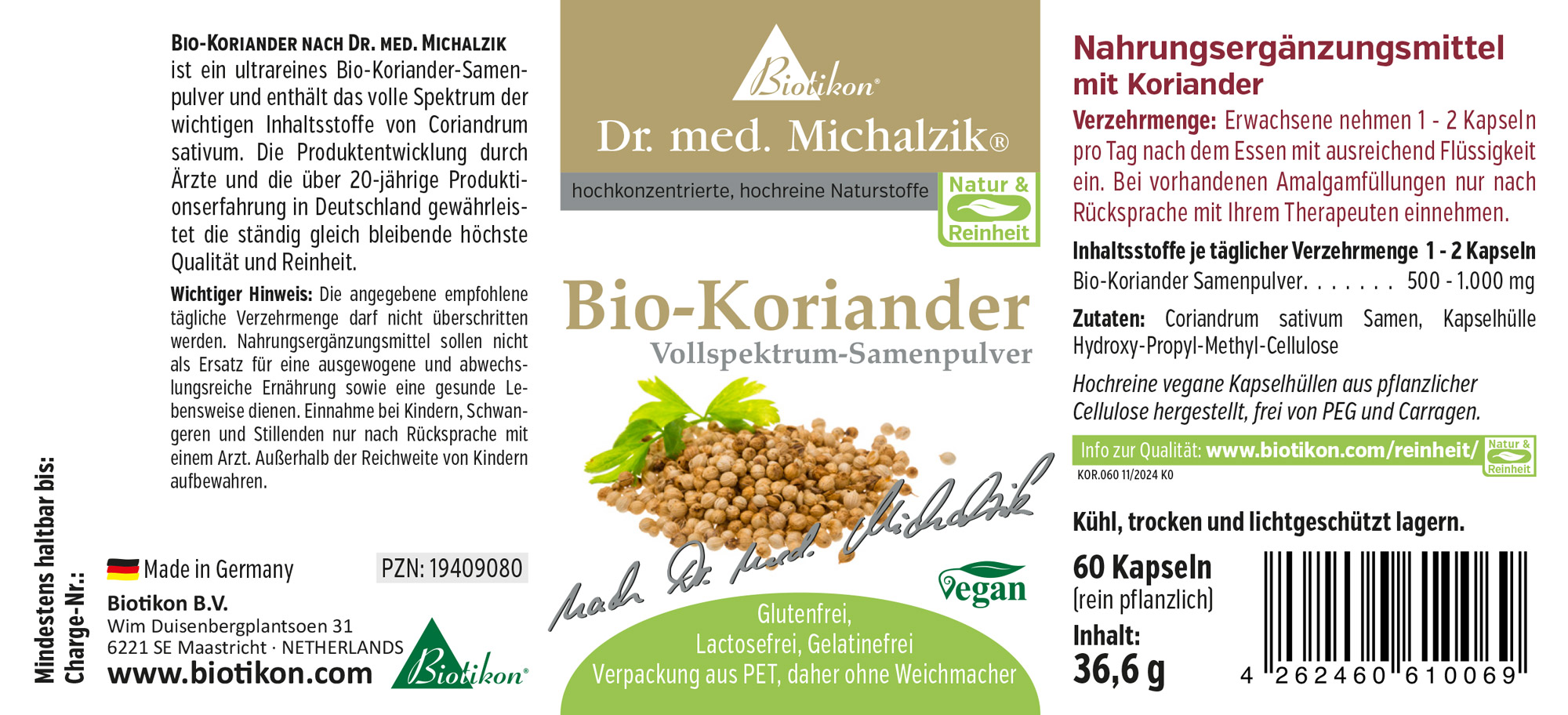 Bio-Koriander 500 mg – Vollspektrum-Samenpulver Bio-Koriander Samenpulver in Kapseln, 60 Stück, grüne Verpackung, Produktansicht
