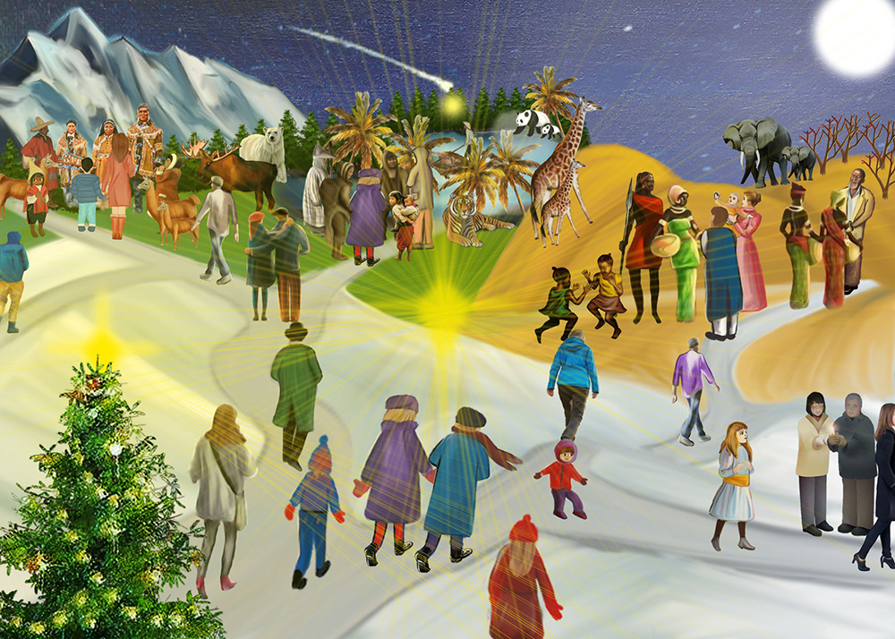 Bunte Winterlandschaft – Festliche Szenen Ein winterliches Bild mit Menschen, Tieren und einer Weihnachtsbaum-Dekoration im Vordergrund. Verschiedene Aktivitäten und eine bunte Umgebung.