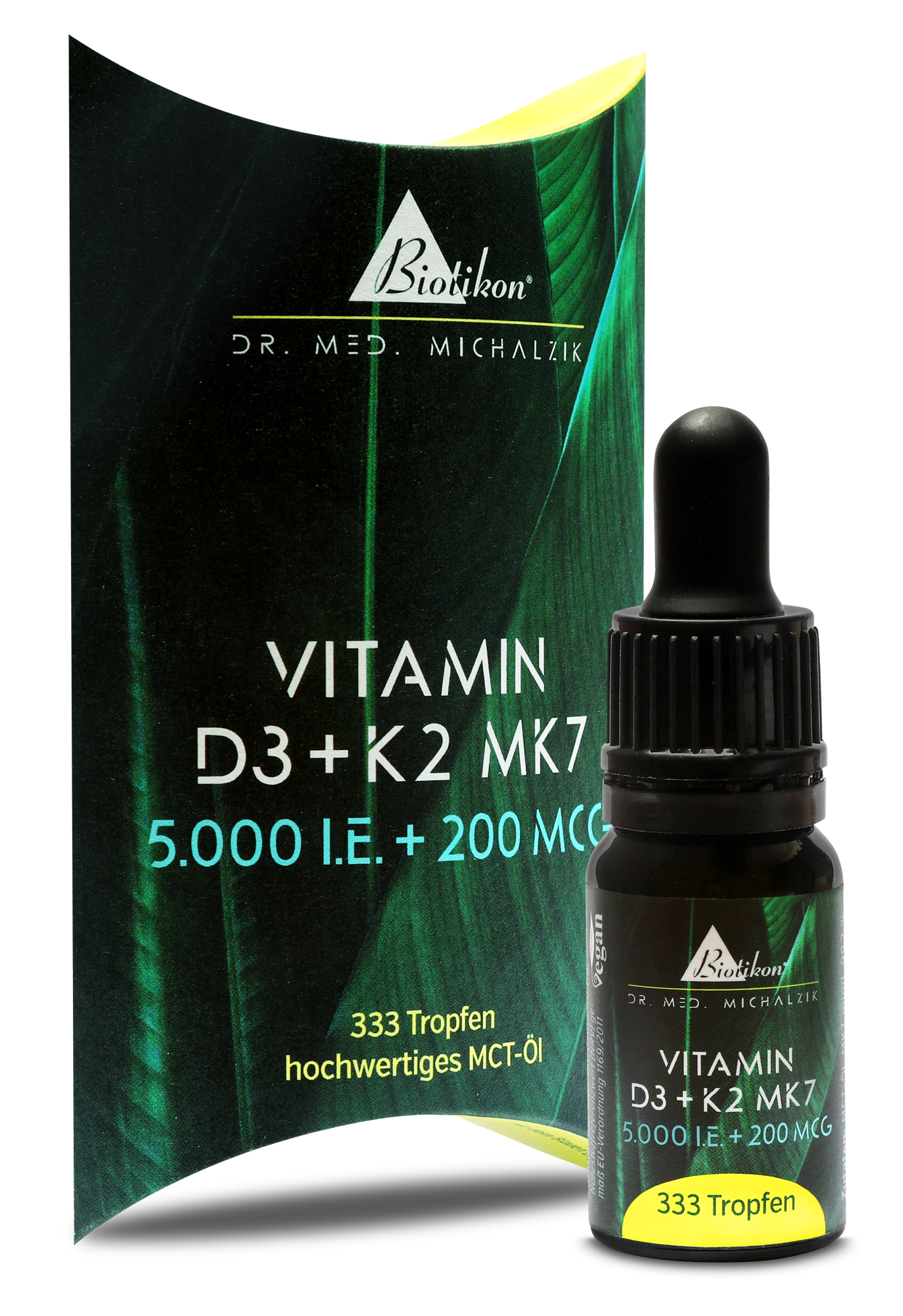 Vitamin D3 + K2 MK7 5000 I.E. – 333 Tropfen Vitamin D3 + K2 MK7 in dunkler Tropfenflasche, 333 Tropfen, Verpackung in Grün und Schwarz.