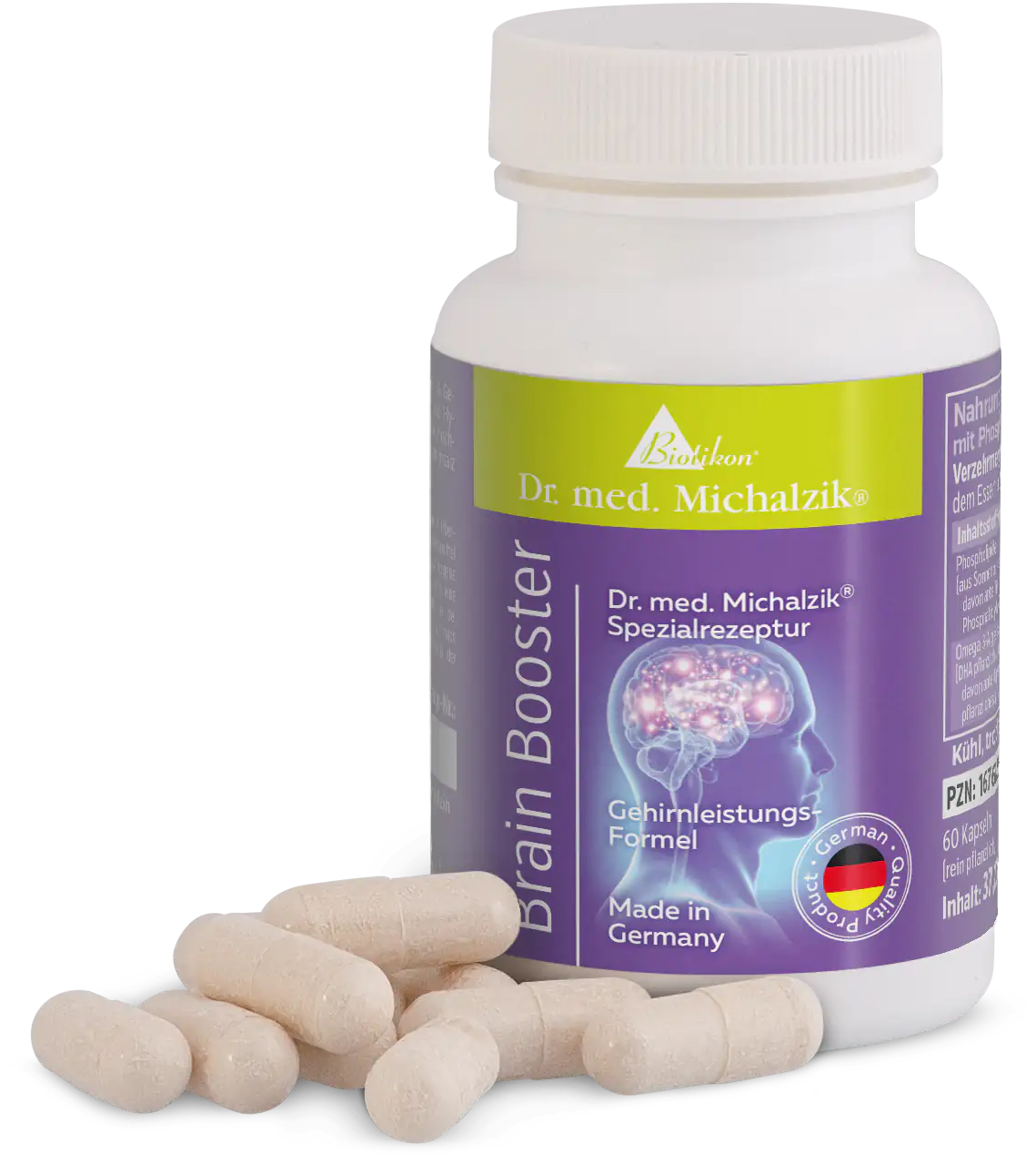 Brain Booster – 60 Kapseln Brain Booster Kapseln, spezielle Formel zur Unterstützung der Gehirnleistung, 60 weiße Kapseln in Flasche.