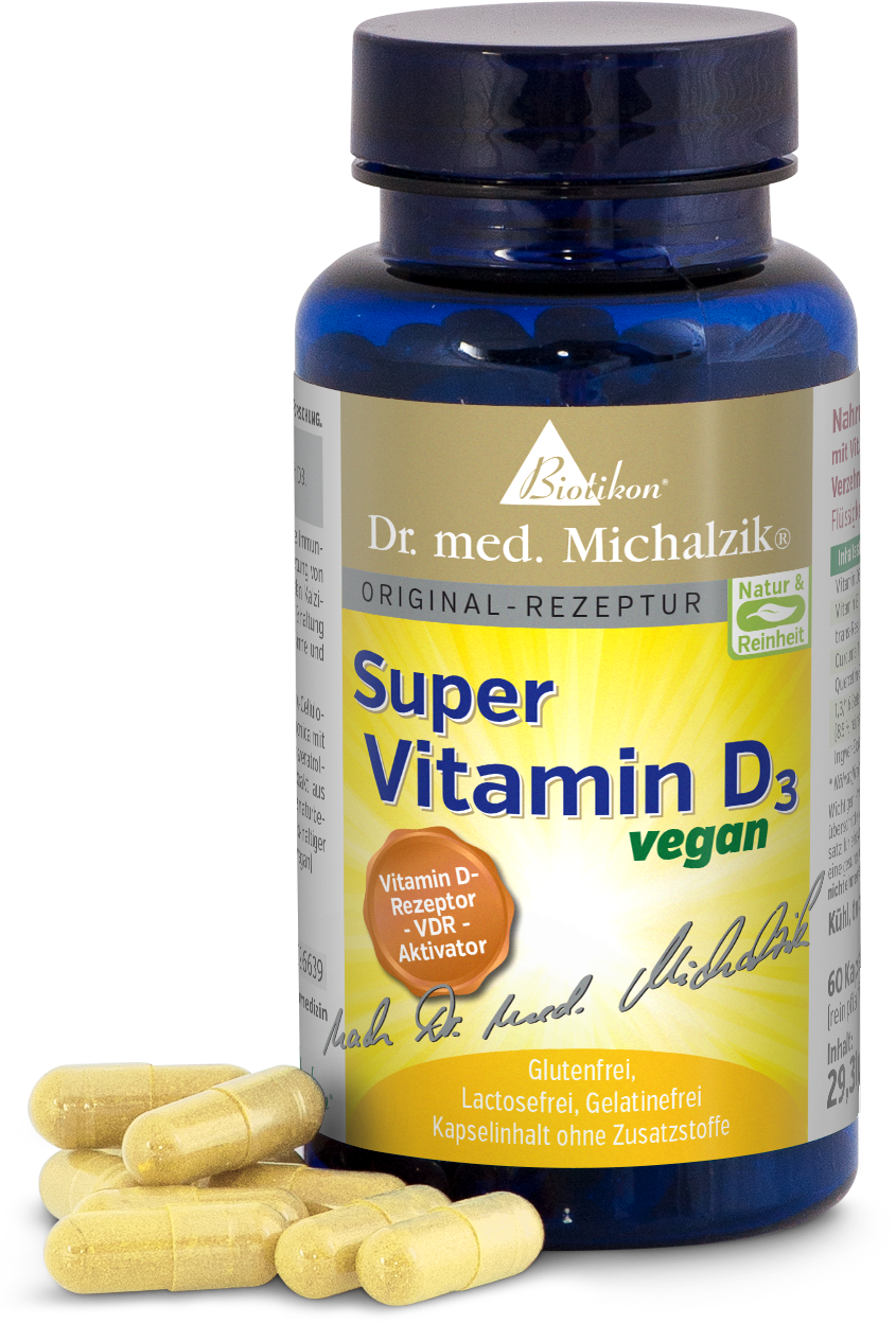 Vitamin D3 2000 IE – Kapseln Flasche mit Vitamin D3 Kapseln, 60 Stk., gelbe Kapseln, vegane Formel, Frontansicht.