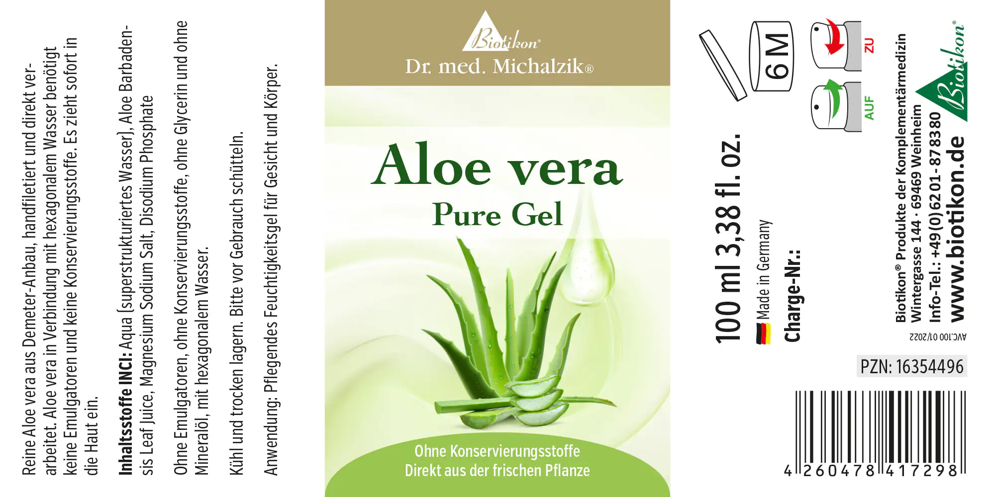 Aloe Vera Pure Gel in einer 100 ml Flasche, transparentes Gel, grüne Schrift, frische Pflanzenillustration