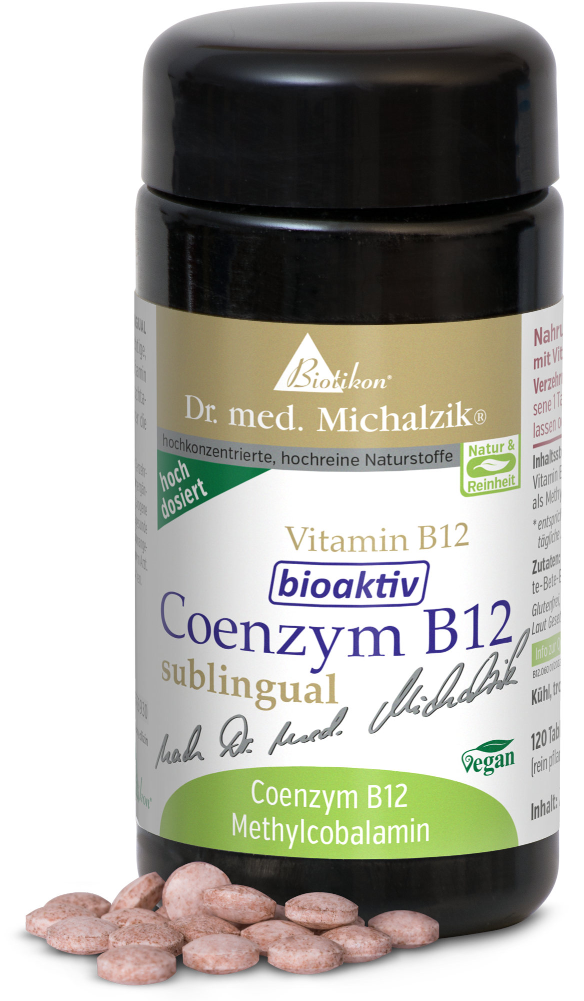 Coenzym B12 120 Sublingual Tabletten Coenzym B12 Nahrungsergänzungsmittel in schwarzer Flasche, 120 sublinguale Tabletten, pink-braune Farbe, halbseitige Perspektive.