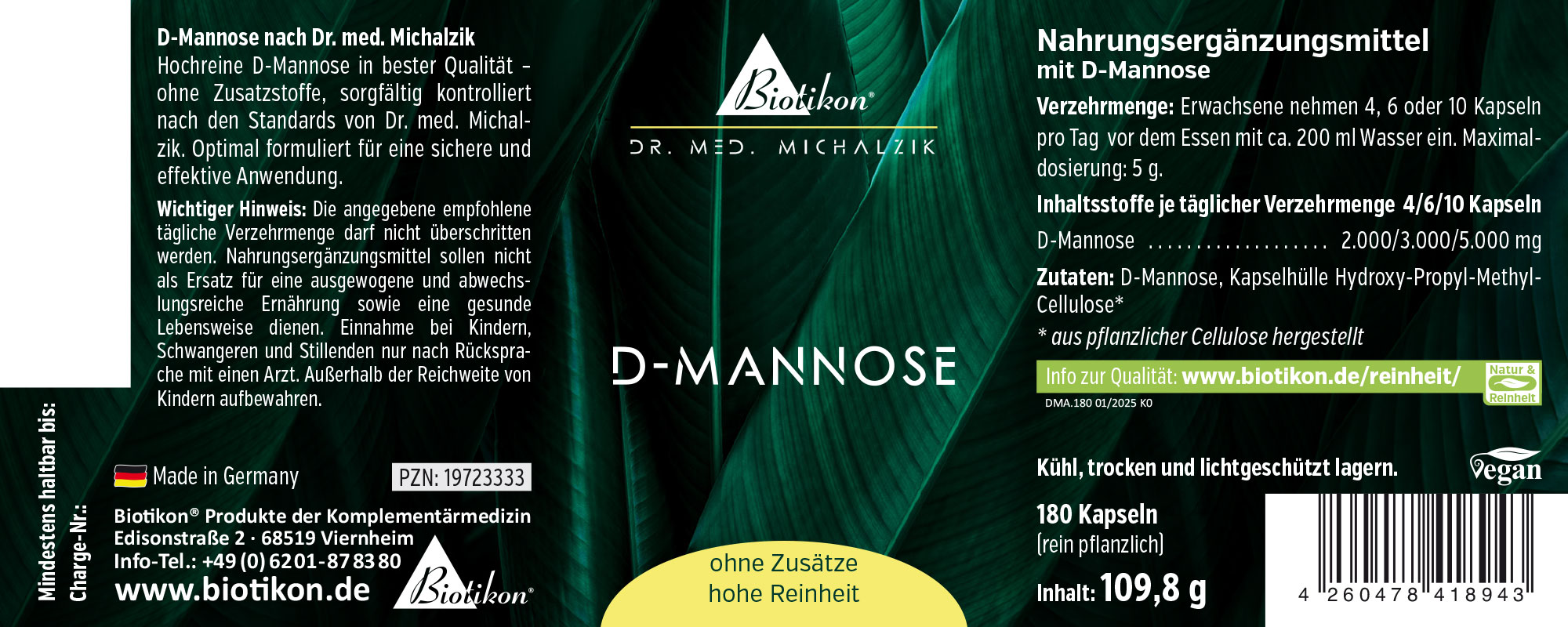 D-Mannose 5000 mg – 180 Kapseln D-Mannose Nahrungsergänzungsmittel in dunkelgrüner Verpackung, enthält 180 Kapseln, rein pflanzlich.