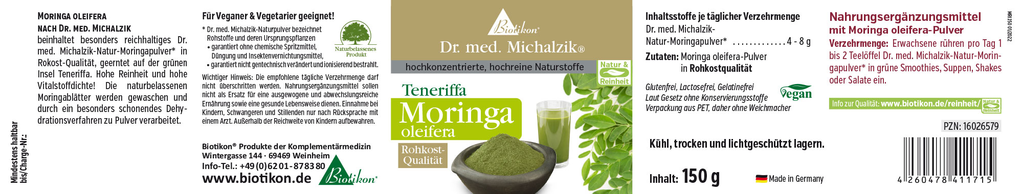 Moringa oleifera Pulver – 150 g Moringa oleifera Pulver in einer PET-Verpackung, rohköstlich, grüne Farbe, für Smoothies, 150 g.