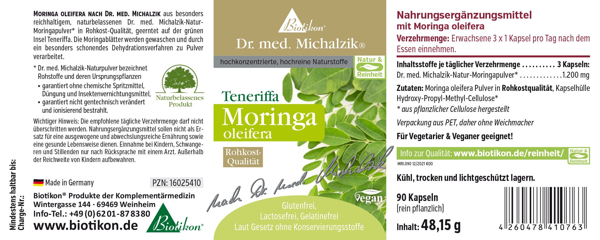 Moringa oleifera – 90 Kapseln Moringa oleifera Nahrungsergänzungsmittel, 90 Kapseln in einer PET-Verpackung, grün, Rohkost-Qualität.