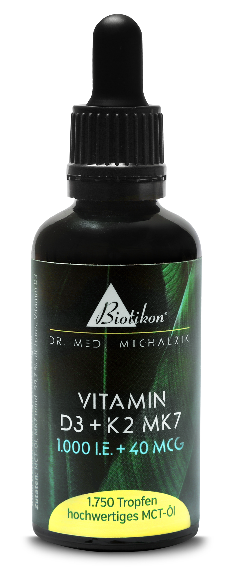 Vitamin D3 + K2 MK7 1000 I.E. – Tropfen Flasche mit Vitamin D3 und K2 MK7, 1000 I.E. und 40 MCG, 1750 Tropfen, dunkle Farbe, Tropfpipette