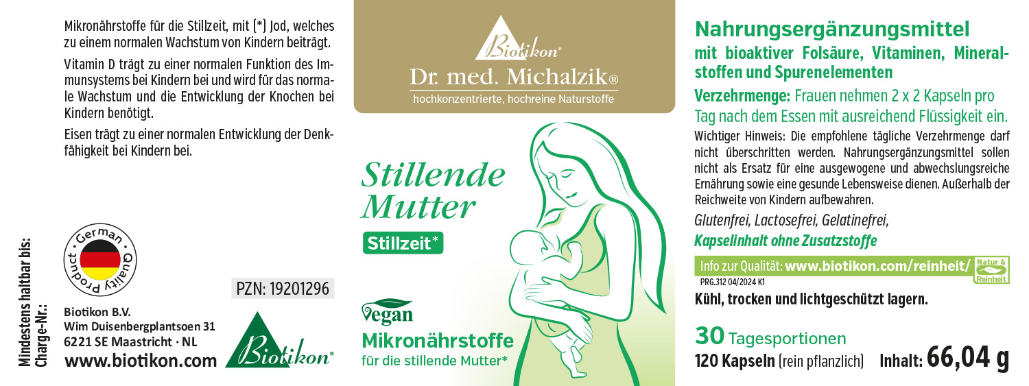 Mikronährstoffe für die stillende Mutter – 120 Kapseln Nahrungsergänzungsmittel für stillende Mütter, 120 Kapseln, vegane Kapseln, Produktverpackung in sanften Farben, vorne zeigt eine Mutter mit Kind.