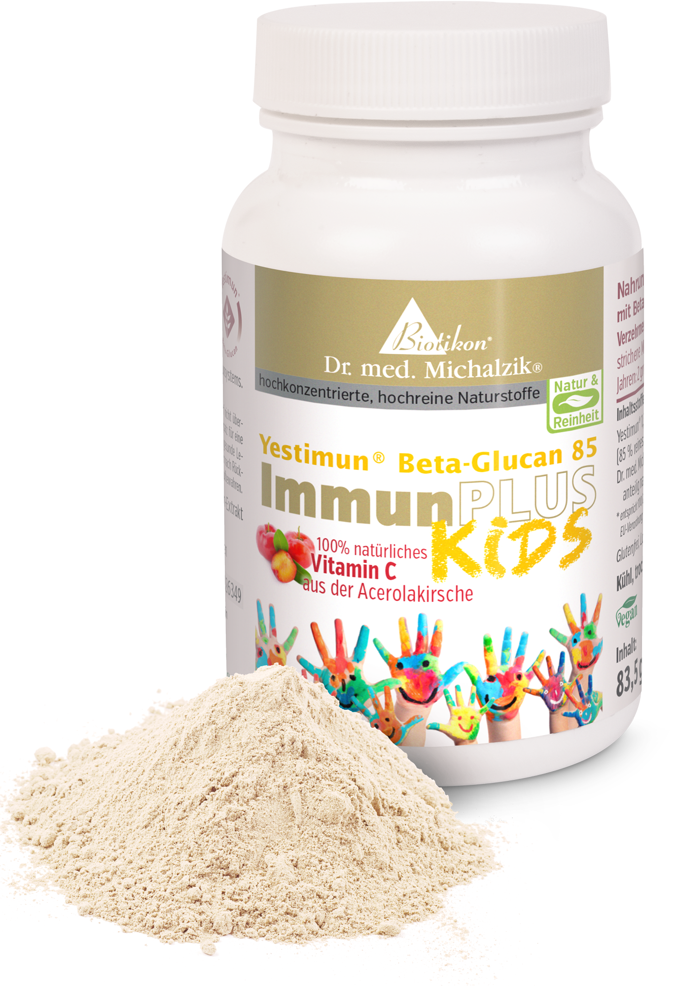 Vitamin C Pulver – 83,5 g Yestimun Beta-Glucan 85 Vitamin C Pulver in weißer Dose mit bunter Handabdruck-Dekoration, 83,5 g.