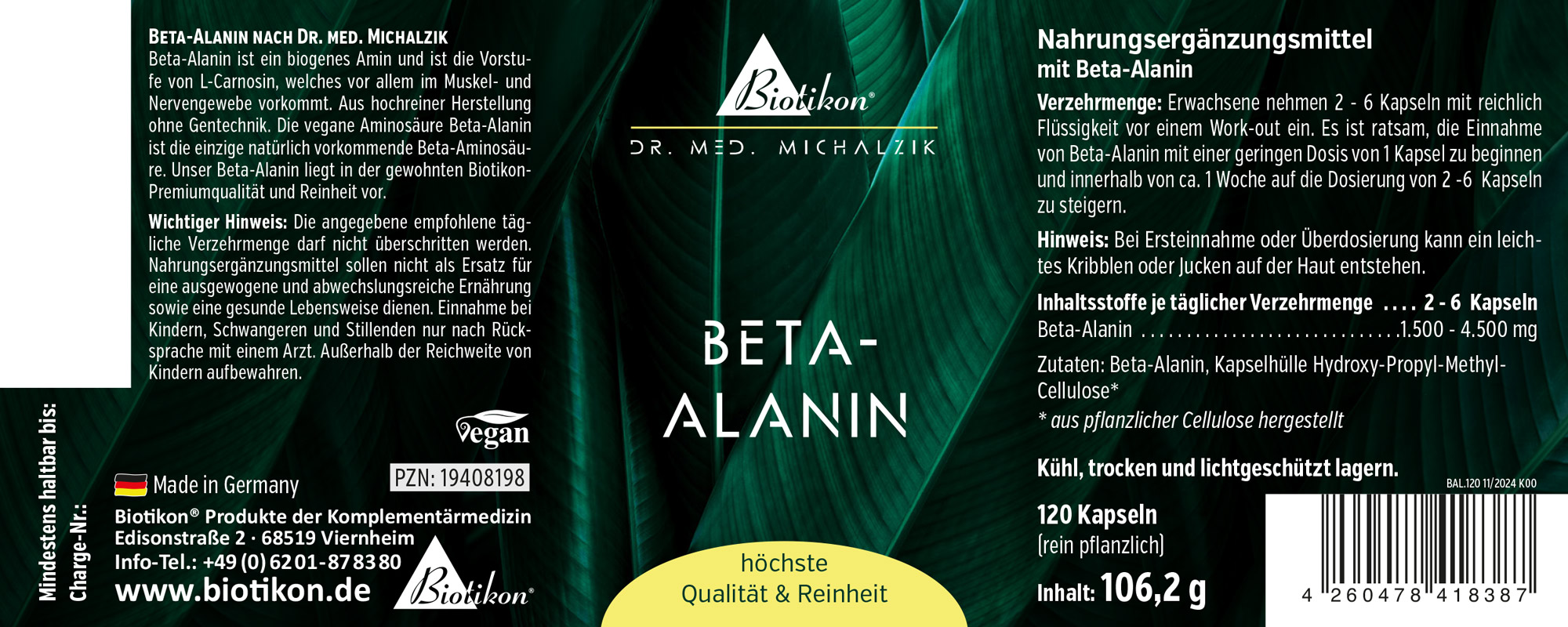 Beta-Alanin 120 Kapseln – Nahrungsergänzungsmittel Beta-Alanin Nahrungsergänzung, 120 Kapseln in einer dunklen Verpackung, vegane Formel, hochwertig.