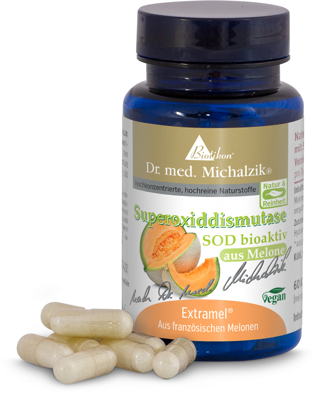 Superoxiddismutase 60 Kapseln – Bioaktiv aus Melone Flasche mit 60 Kapseln Superoxiddismutase, hellbeige Kapseln, blaue Verpackung, Vorderansicht, vegan.