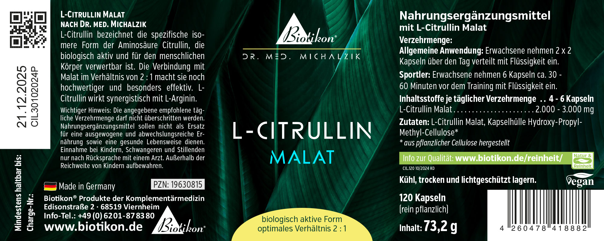 L-Citrullin Malat 120 Kapseln Nahrungsergänzungsmittel L-Citrullin Malat in Kapseln, 120 Stück, grüne Verpackung, seitliche Ansicht.