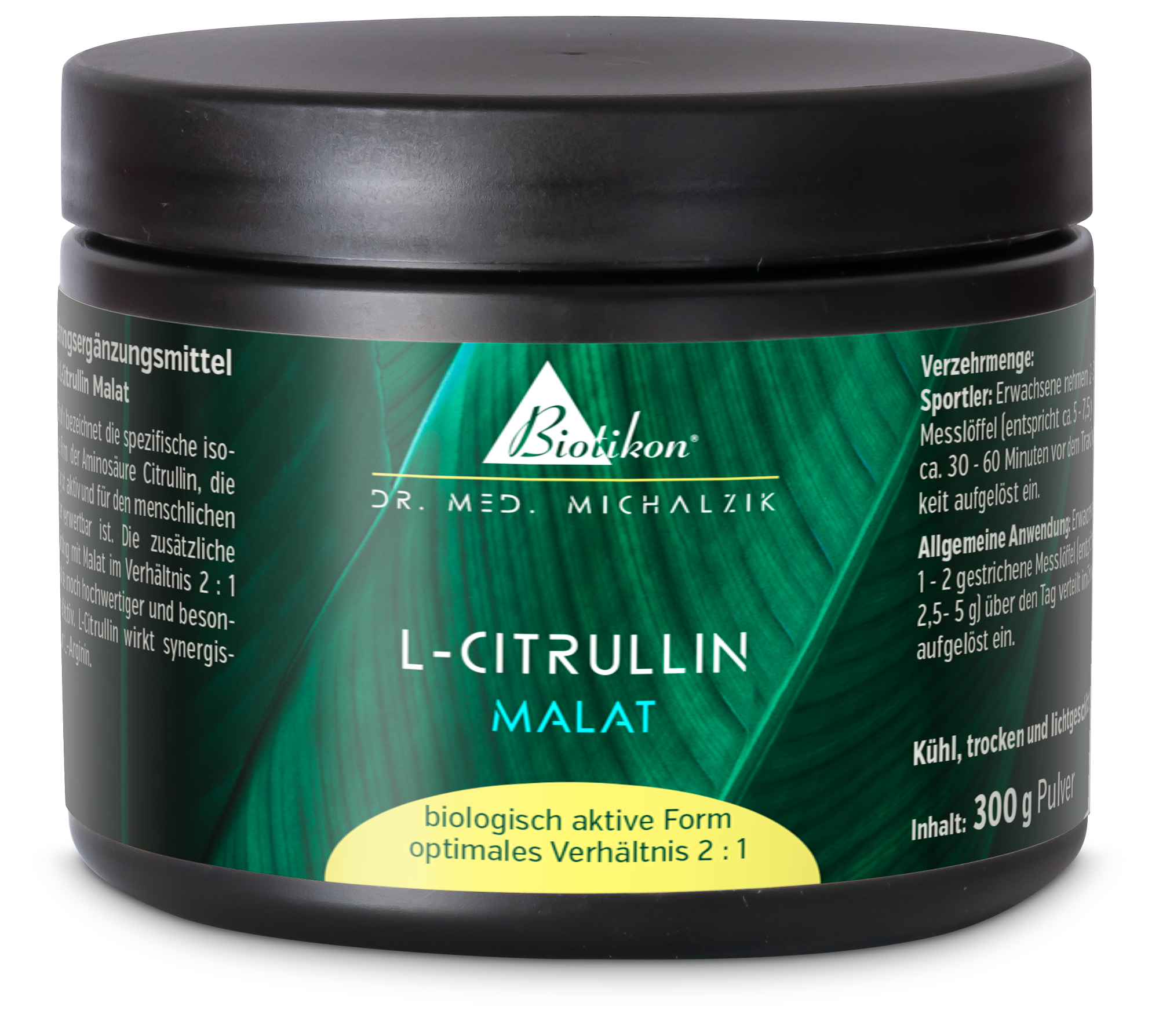 L-Citrullin Malat – 300 g Pulver Schwarzer Behälter mit L-Citrullin Malat, 300 g Pulver, grüne Verpackung, Vorderansicht.