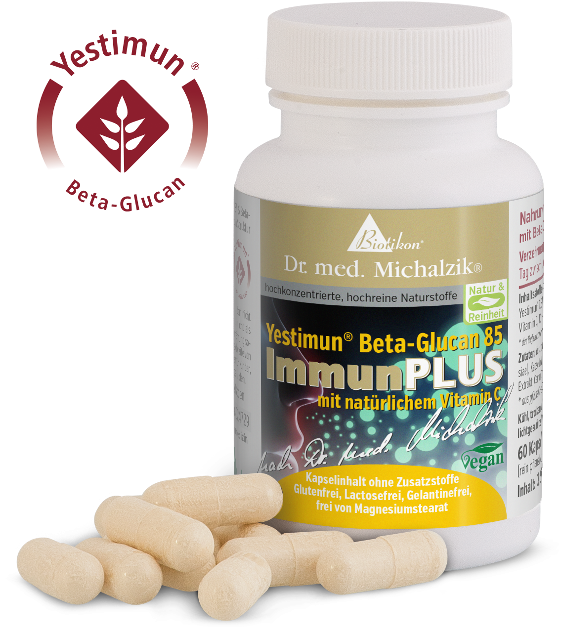 Yestimun Beta-Glucan 85 – Kapseln 60 Stück Flasche mit Yestimun Beta-Glucan 85 Kapseln, weiß, in perspektivischer Ansicht, mit 60 Kapseln im Vordergrund.