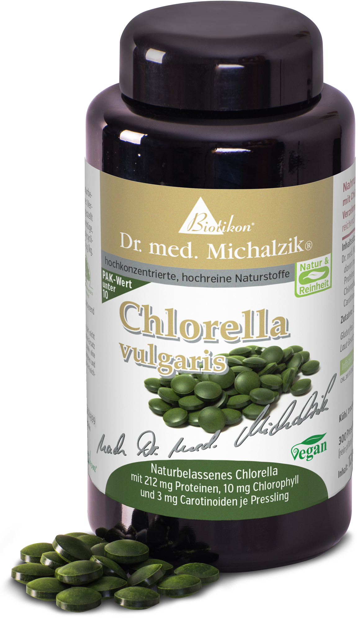 Chlorella vulgaris – 300 Tabletten Flasche mit Chlorella vulgaris Tabletten, 300 Stück, grüne Farbe, von vorne sichtbar.