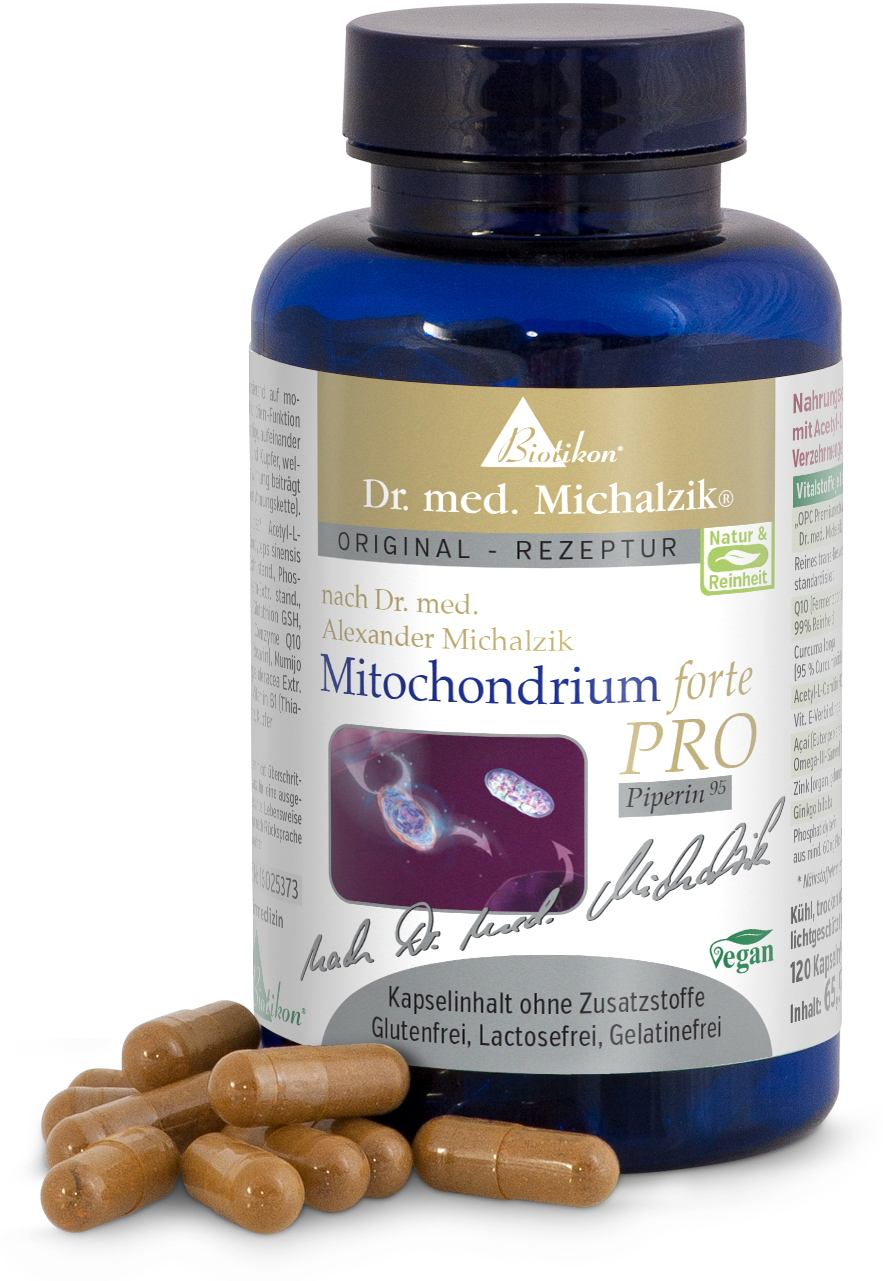 Mitochondrium forte PRO – 120 Kapseln Mitochondrium forte PRO in blauer Flasche, 120 Kapseln, vegan, ohne Zusatzstoffe, braune Kapseln im Vordergrund.