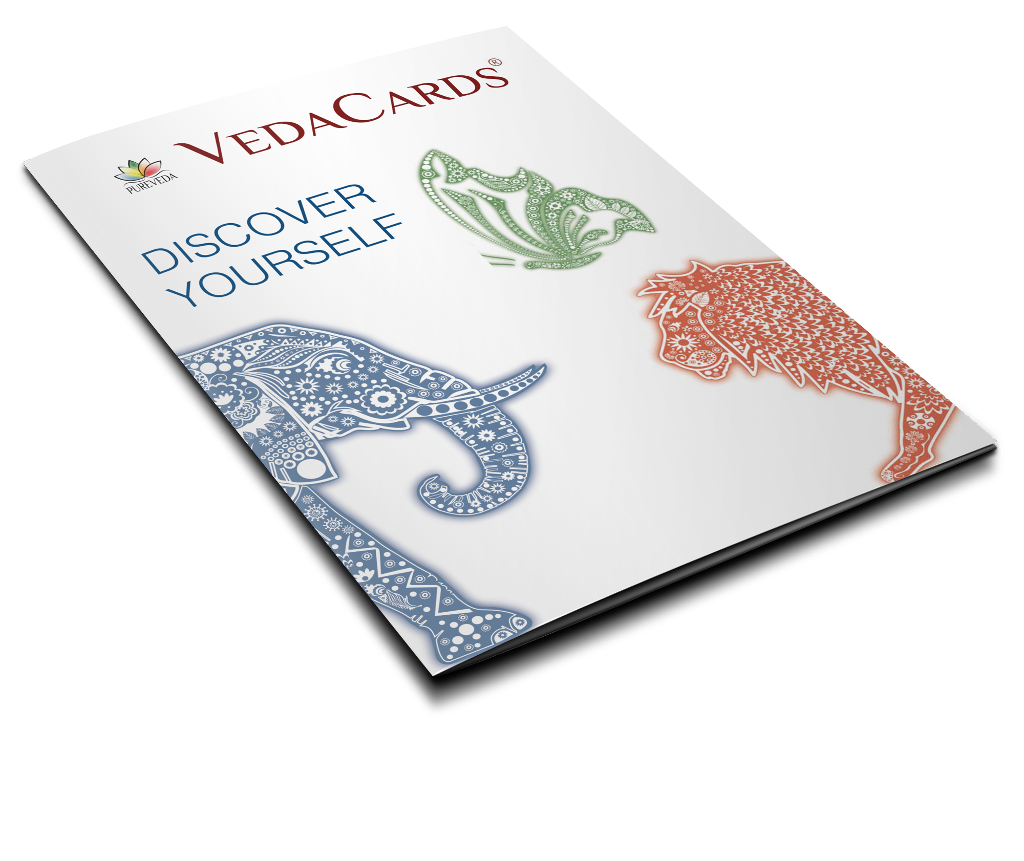 VedaCards – Entdecke dich selbst Produktcover von VedaCards, zeigt ein Elefant- und Löwenmotiv, farbenfroh und künstlerisch.