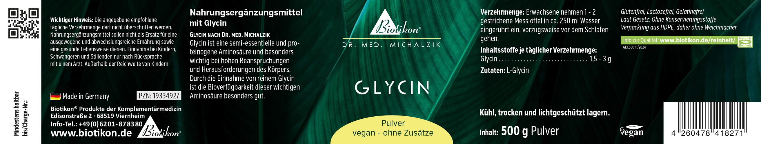 Glycin Pulver – 500 g Nahrungsergänzungsmittel Glycin, 500 g Pulver, vegan, ohne Zusätze, grüne Verpackung.
