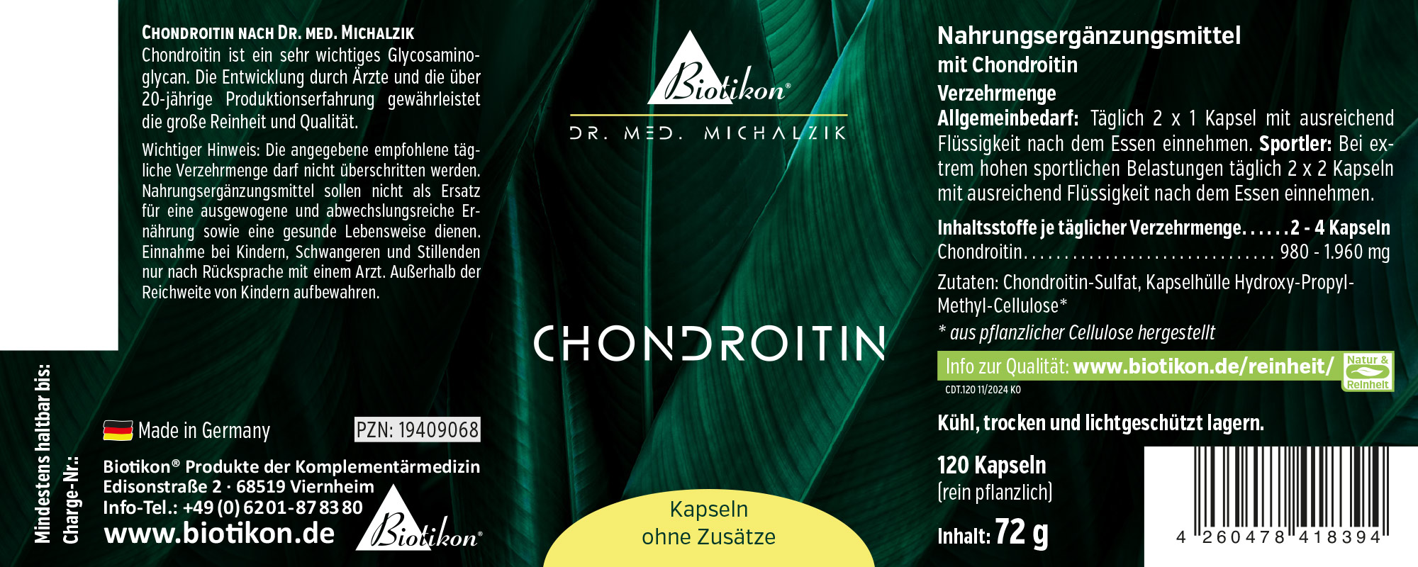 Chondroitin 120 Kapseln – Nahrungsergänzungsmittel Chondroitin Nahrungsergänzungsmittel in einer schwarzen Verpackung mit grünen Blättern, 120 Kapseln, rein pflanzlich, aus Sicht der Vorderseite.