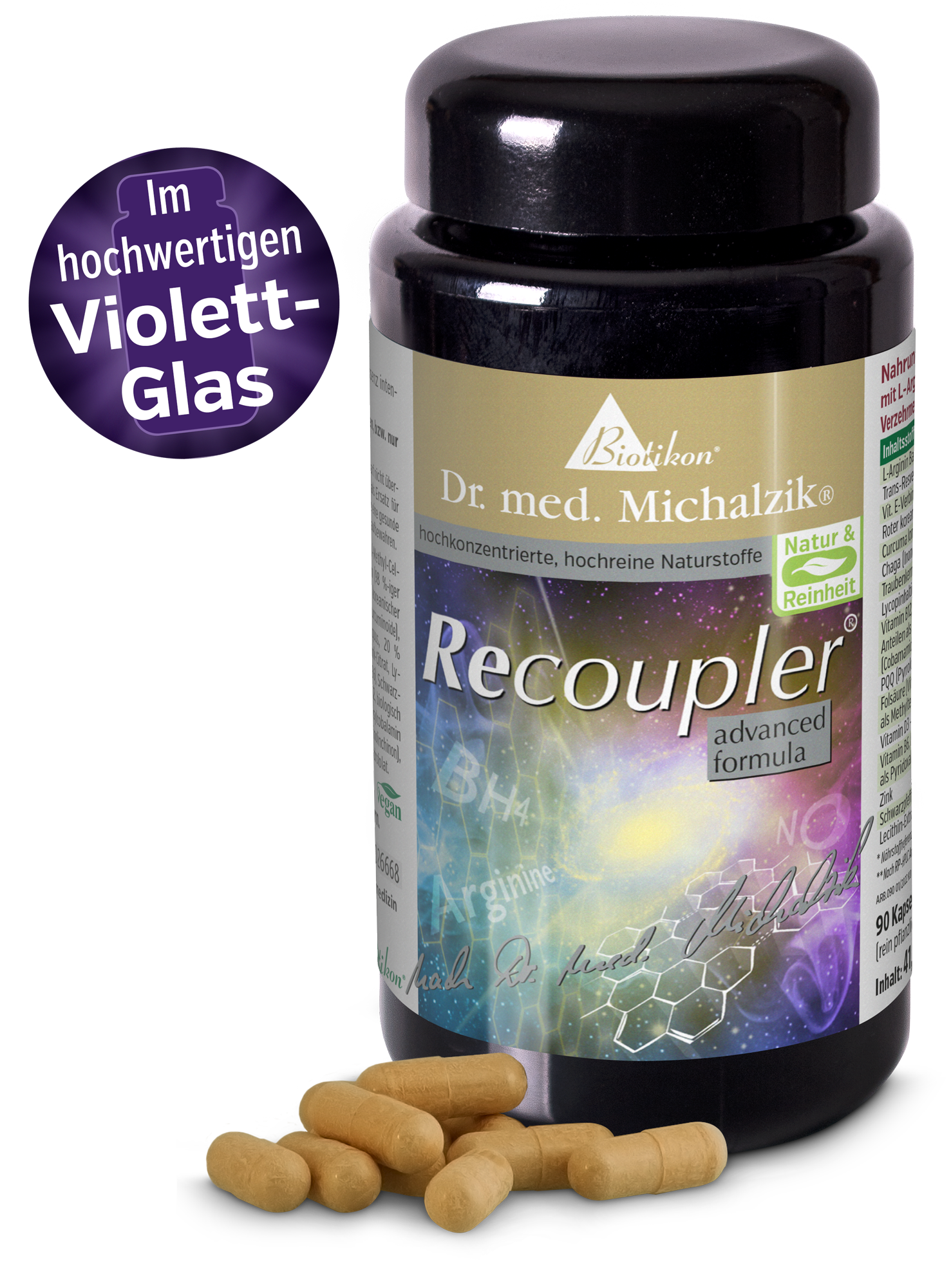 Recoupler 90 Kapseln – Nahrungsergänzungsmittel Nahrungsergänzungsmittel Recoupler in 90 Kapseln, goldene Kapseln, Hochwertiges Violett-Glas.