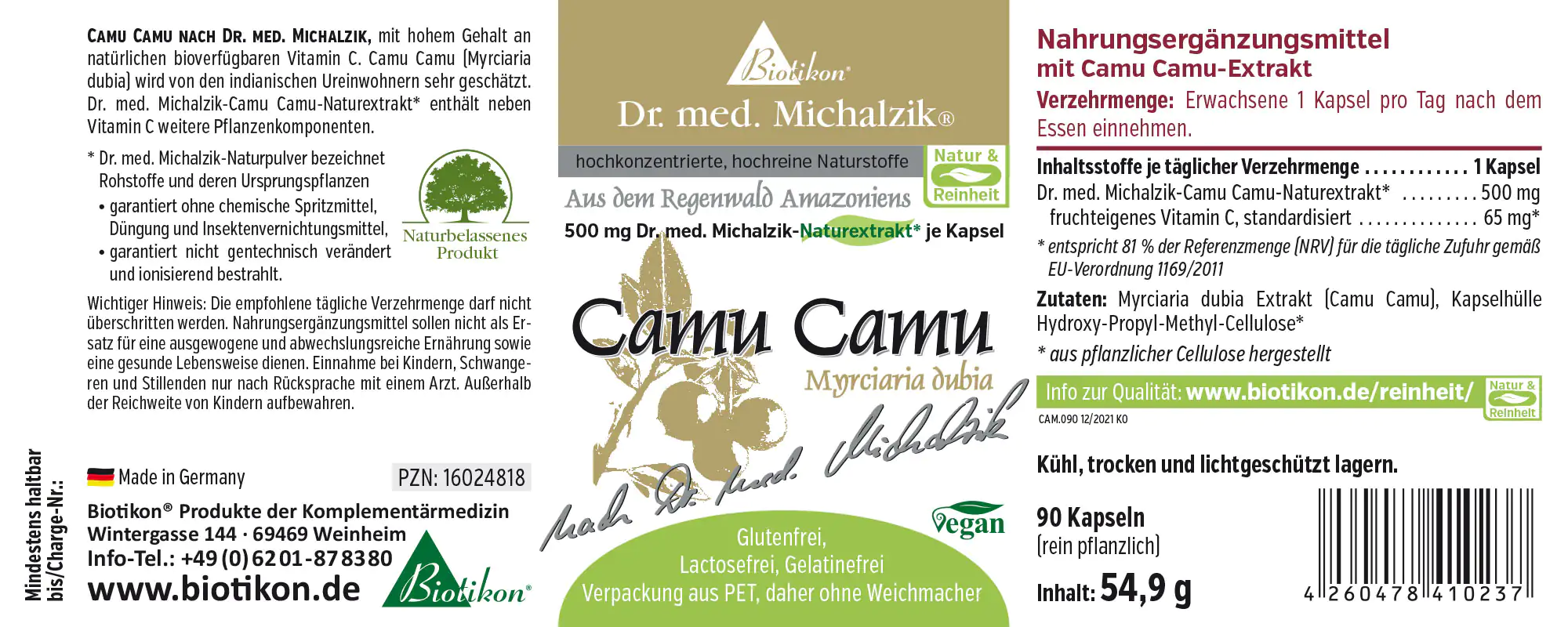 Camu Camu 500 mg – Kapseln Camu Camu Nahrungsergänzungsmittel in Kapseln, 90 Stück, Verpackung farbenfroh, Seitenansicht