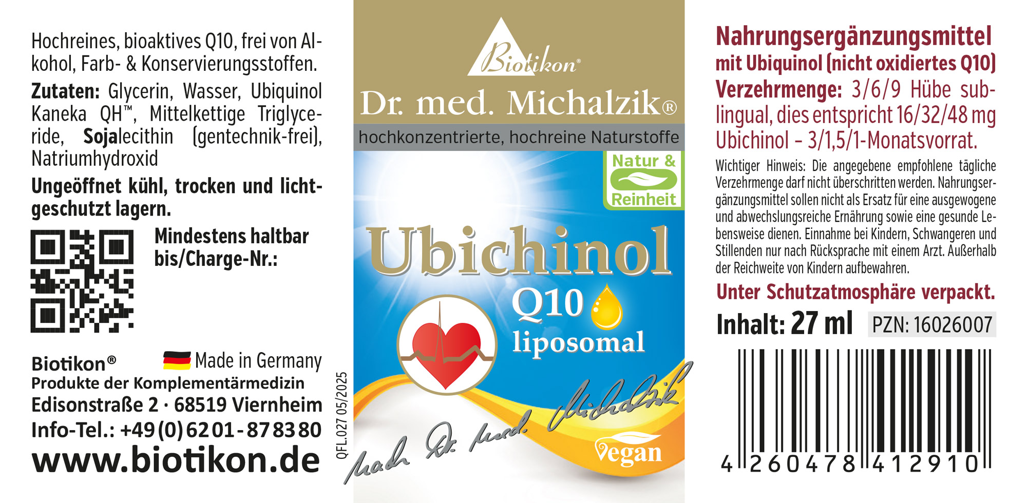 Ubichinol Q10 27 ml – liposomal Liposomales Ubichinol Q10 in 27 ml Flasche, gelb-blaues Design, vegan.