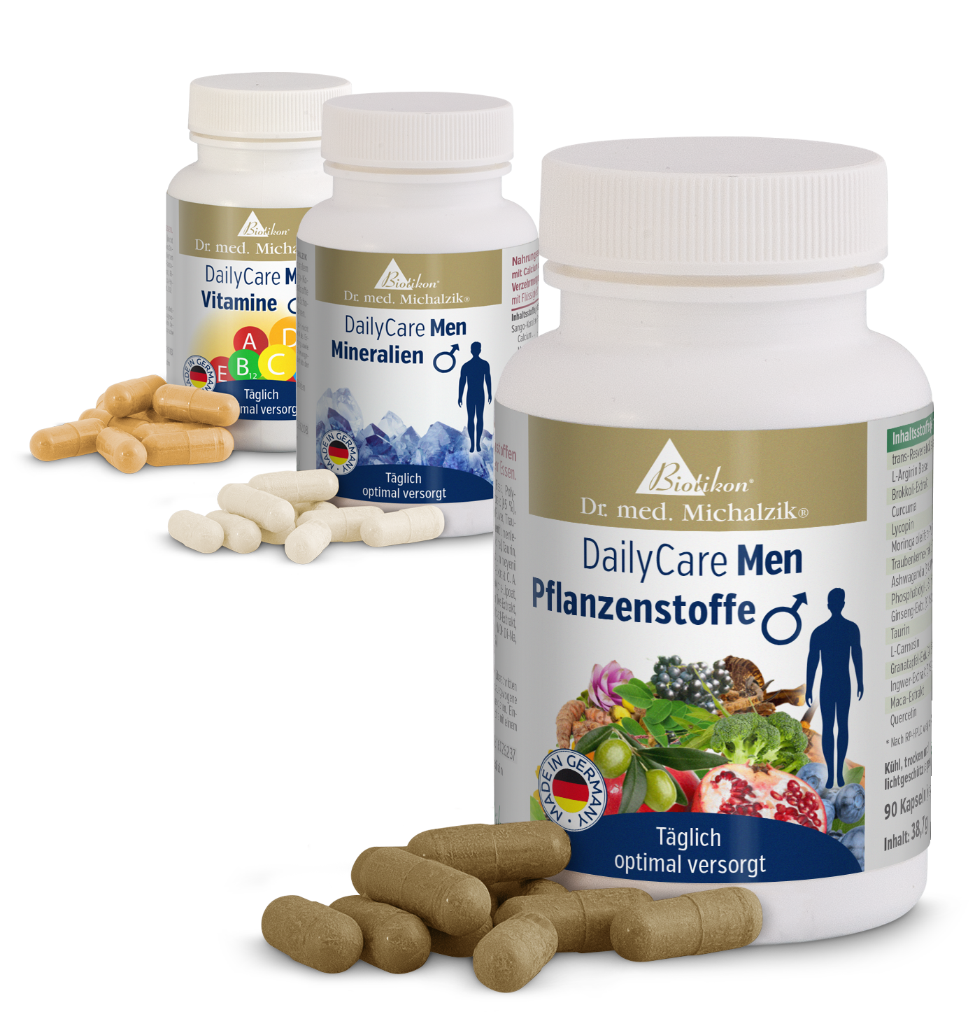 DailyCare Men Bundle mit 3 Dosen Drei Nahrungsergänzungsmittel für Männer, Kapseln in beige, weiß und braun, mit verschiedenen Inhaltsstoffen, Verpackung sichtbar.