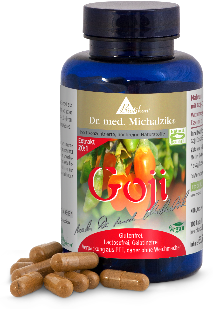 Goji Extrakt 20:1 – 100 Kapseln Goji Extrakt in blauer Kapselverpackung, 100 Kapseln, glutenfrei, vegan