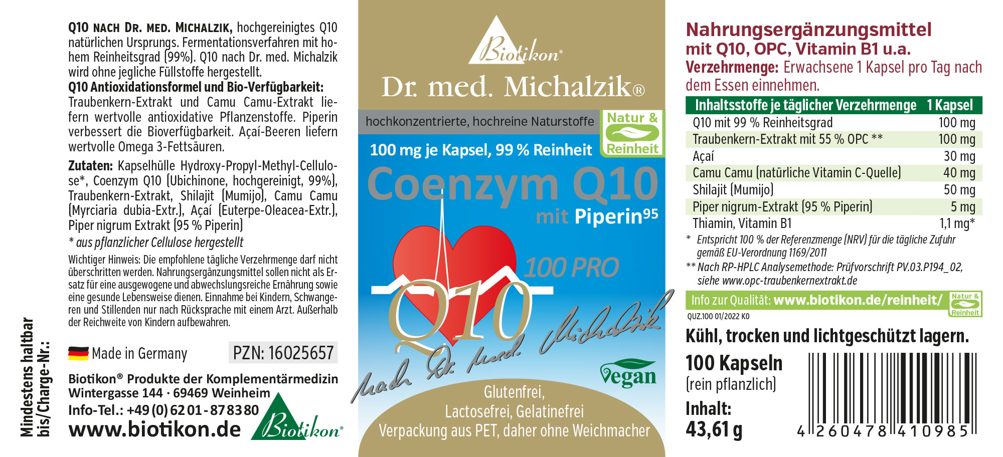 Coenzym Q10 100 mg – Kapseln Coenzym Q10 in Kapseln, 100 mg pro Kapsel, Verpackung mit 100 Kapseln, blaues und weißes Design.