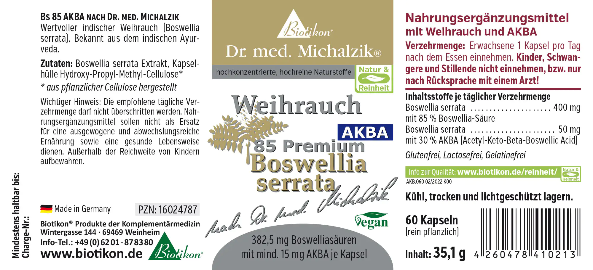 Weihrauch 85 – Boswellia serrata Kapseln 60 Kapseln mit 382,5 mg Boswelliasäuren, vegan, in hellbrauner Verpackung.