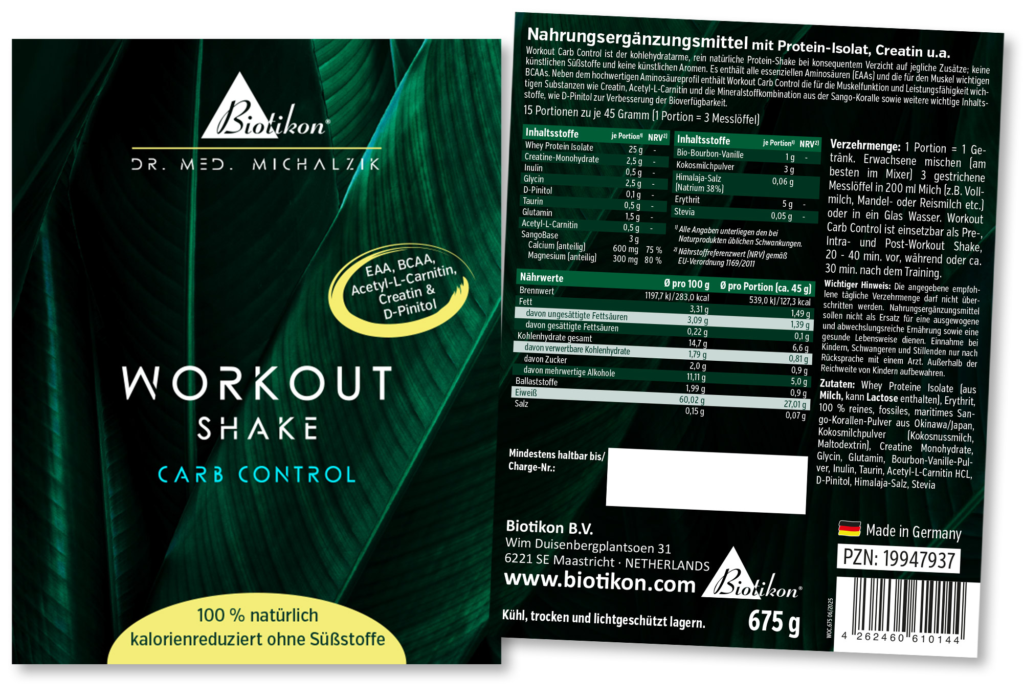 Workout Shake Carb Control – 675 g Nahrungsergänzungsmittel in 675 g Verpackung, Pulverform, grünlich, für Fitness.